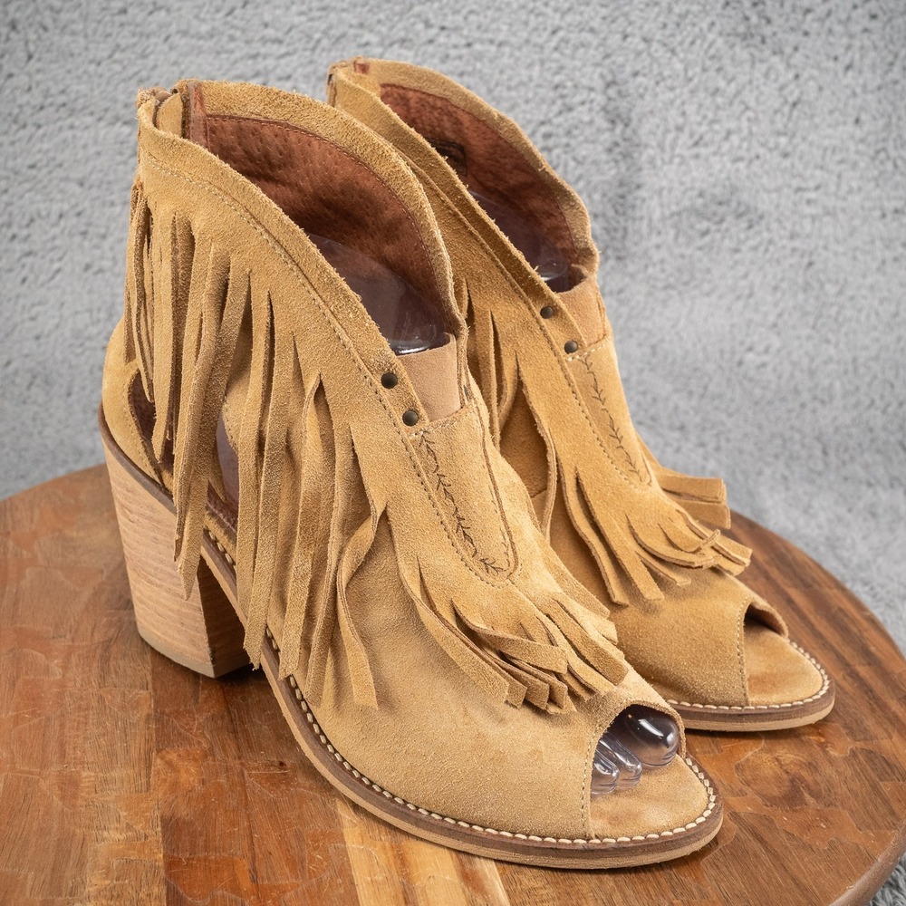 Musse & Cloud Galia Womens Camel Suede Fringe Peep‎ Toe Ankle Bootie US 11 EU 41